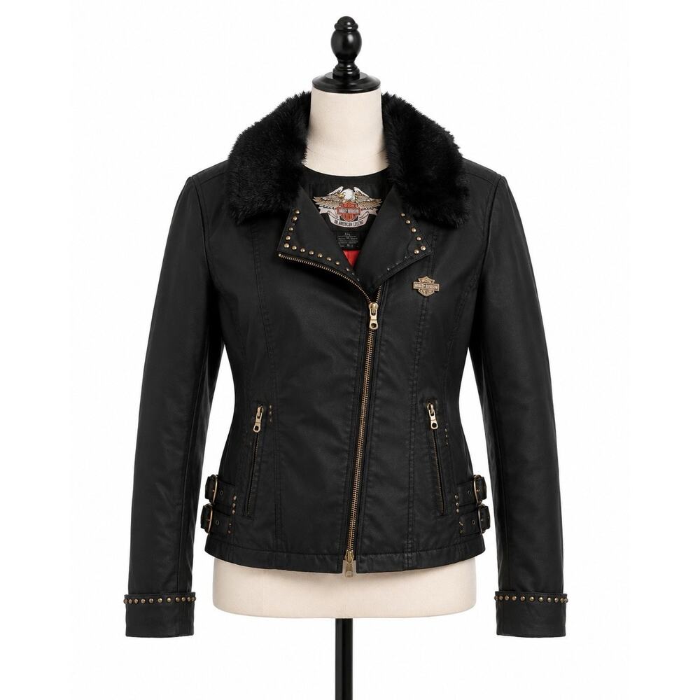 Harley-Davidson Women’s Black Studded Fur Collar Jacket Embroidered Size Large